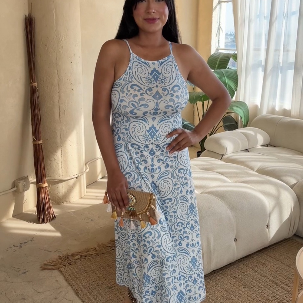 Elegant Blue and White Patterned Dress